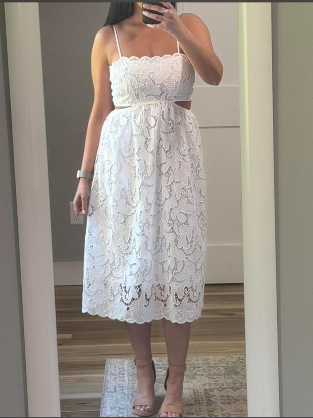 Express White Lace Midi Dress with Cutout Waist